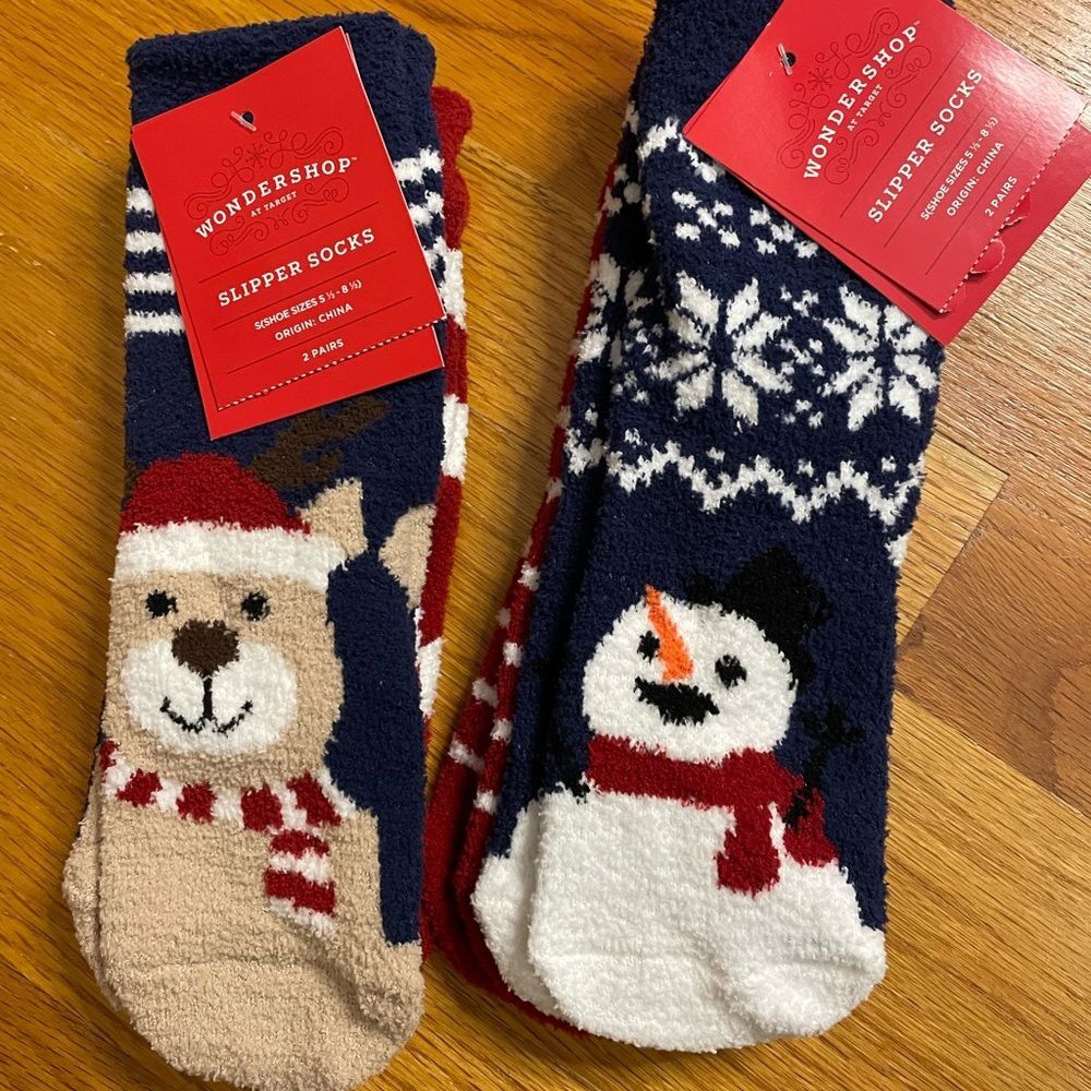 Wondershop Christmas Slipper Socks Holiday Snowman Four Pair Small Size 5.5-8.5